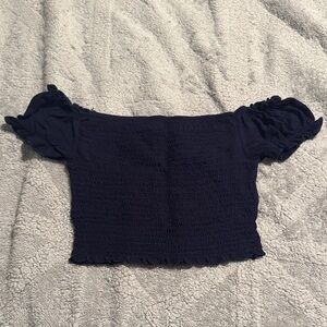 TeenBell Dark Blue Smocked Off-Shoulder Crop Top